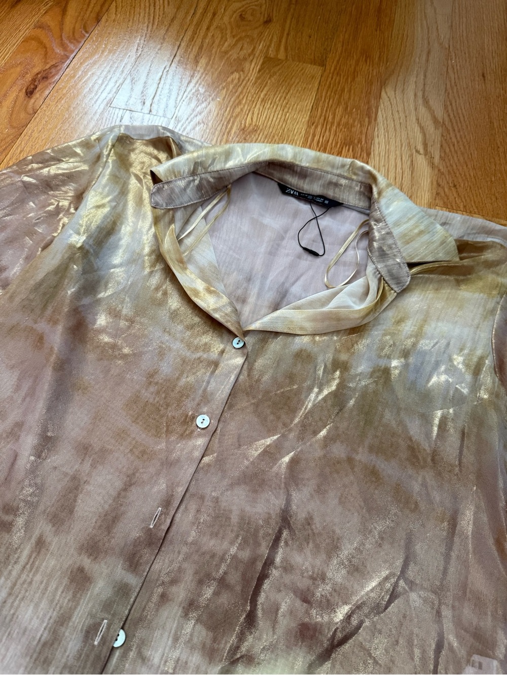 Sheer Metallic Gold Button-Up Shirt Jacket - Zara (XS)